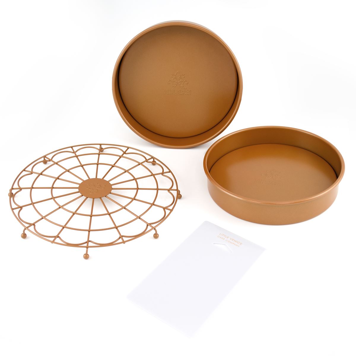 Cake pans cake stand and scraper