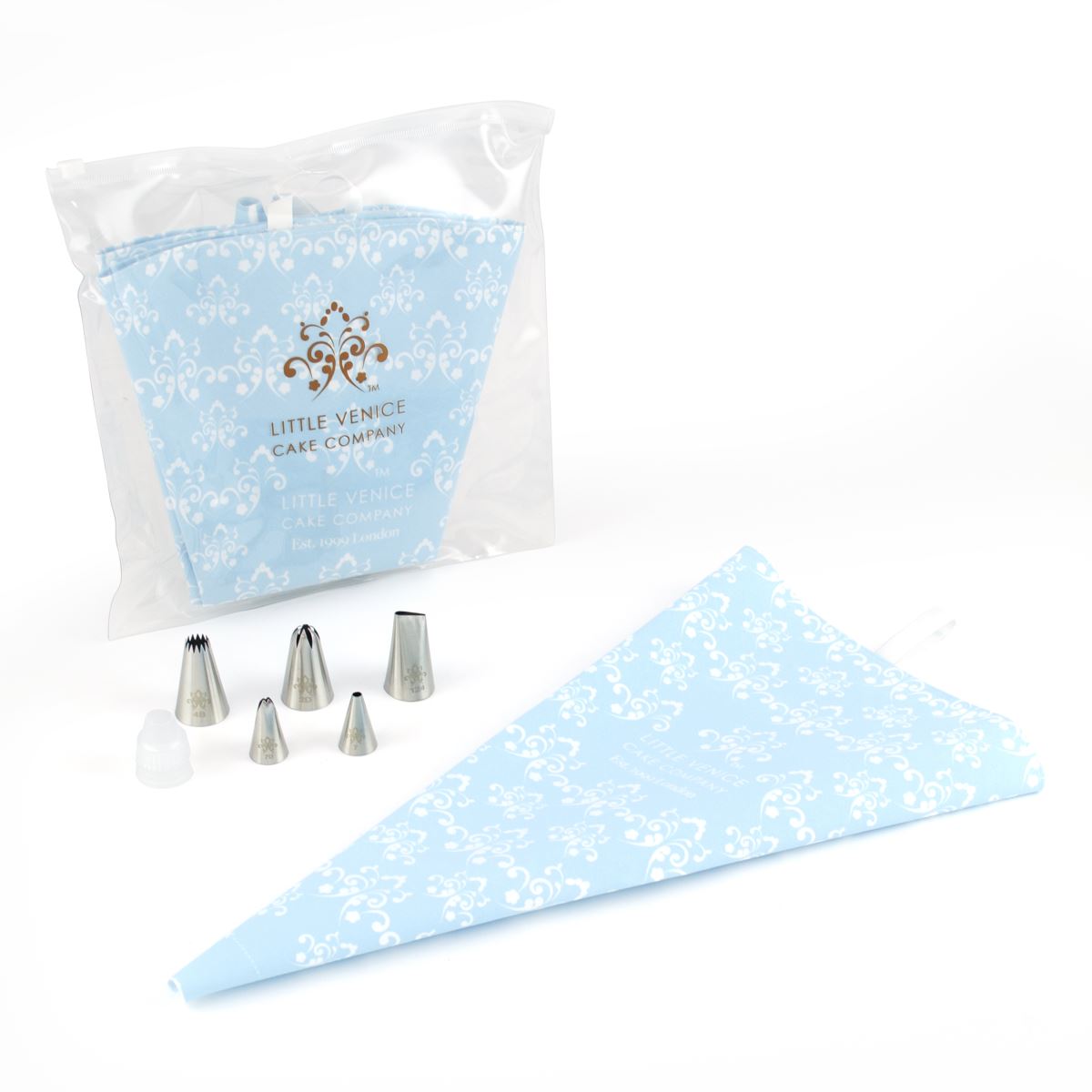 Pastry kit blue re-useable piping bags and stainless steel nozzles